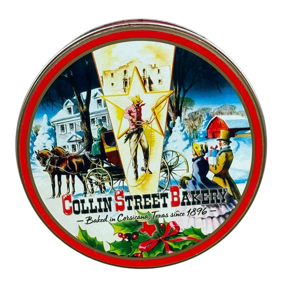 Vintage Collin Street Bakery DeLuxe Fruit Cake Tin Christmas 7"-see description